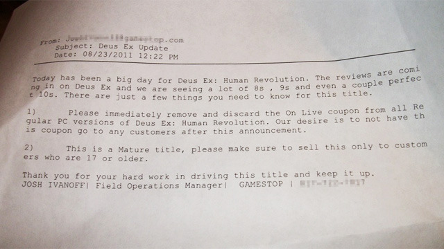 Gamestop Deus Ex Letter