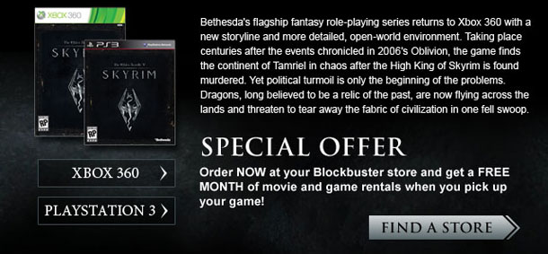 Blockbuster Elder Scrolls V: Skyrim Promotion