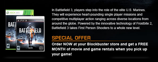 Order Blockbuster 3 at Blockbuster and get a free month of movie & game rentals!