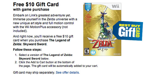 Get a free $10 gift card with The Legend of Zelda Skyward Sword